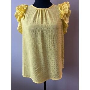 THML Yellow Ruffle Cap Sleeve Textured Grid Blouse Top M